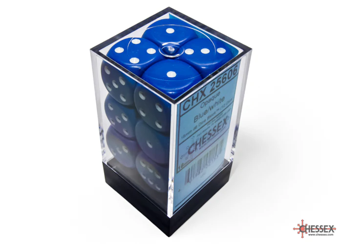 Opaque Blue/white 16mm d6 Dice Block (12 dice)