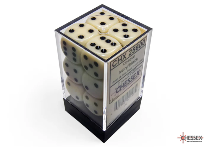 Opaque Ivory/black 16mm d6 Dice Block (12 dice)