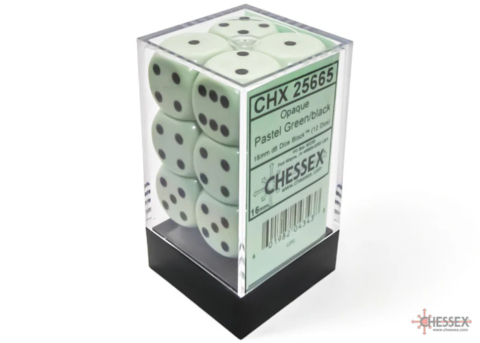 Opaque Pastel Green/black 16mm d6 Dice Block (12 dice)