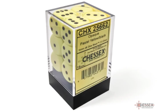 Opaque Pastel Yellow/black 16mm d6 Dice Block (12 dice)
