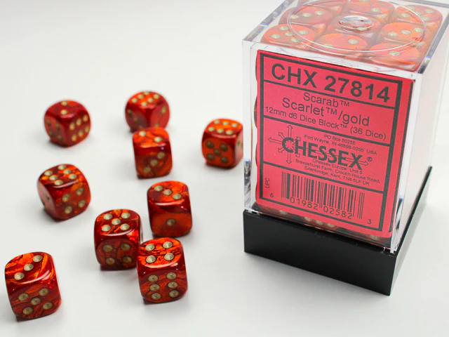 Scarab Scarlet/gold 12mm d6 Dice Block (36 dice)